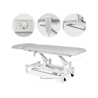 Table de massage Fortis 2 ERGO, commande électrique au pied et roulettes - gris clair