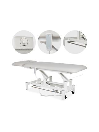 Table de massage Fortis 2 ERGO, commande électrique au pied et roulettes - gris clair